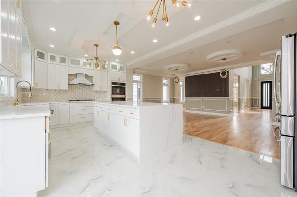 Interior, Kitchen, Marble, Pendant Lights, Recessed Lighting, Stainless Steel Appliances, Wood Texture Flooring
