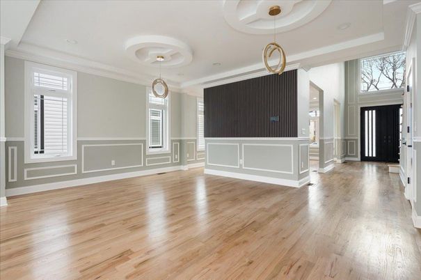 Empty room, Interior, Pendant Lights, Recessed Lighting, Wood Texture Flooring