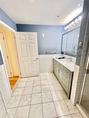Bathroom, Dual Sink Vanities, Interior, Marble, Recessed Lighting