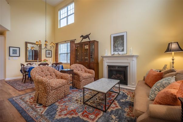 Chandelier, Dining room, Fireplace, Interior, Living room, Wood Texture Flooring