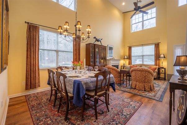 Chandelier, Dining room, Interior, Living room, Recessed Lighting, Wood Texture Flooring