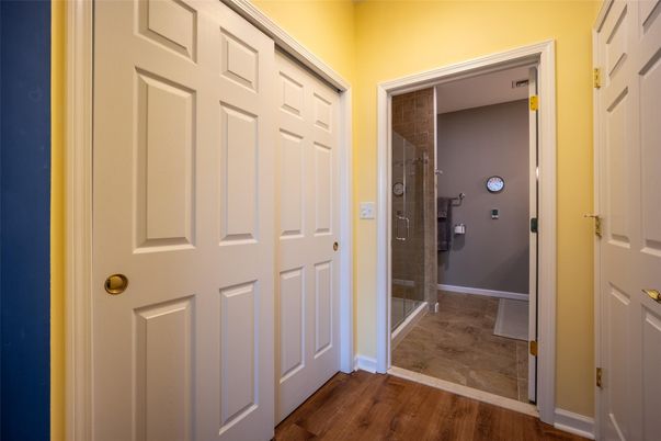 Bathroom, Glass Shower, Interior, Wood Texture Flooring