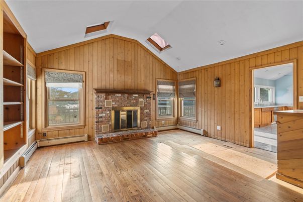 Empty room, Fireplace, Interior, Wood Texture Flooring, Wooden Walls
