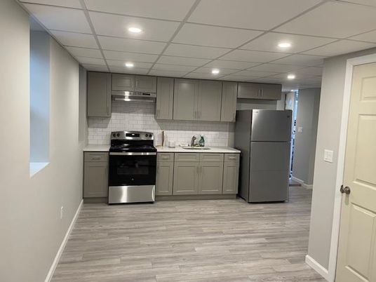 Interior, Kitchen, Recessed Lighting, Stainless Steel Appliances, Wood Texture Flooring