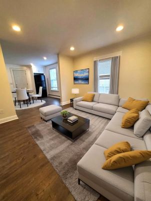 Dining room, Interior, Living room, Recessed Lighting, Wood Texture Flooring
