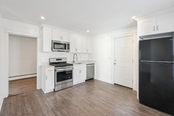 Interior, Kitchen, Recessed Lighting, Stainless Steel Appliances, Wood Texture Flooring