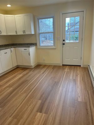 Empty room, Interior, Kitchen, Recessed Lighting, Wood Texture Flooring