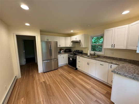 Interior, Kitchen, Recessed Lighting, Stainless Steel Appliances, Wood Texture Flooring