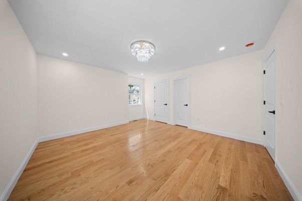 Chandelier, Empty room, Interior, Recessed Lighting, Wood Texture Flooring