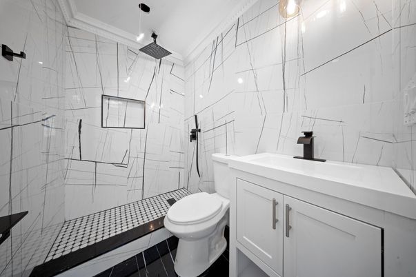 Bathroom, Glass Shower, Interior, Marble Walls, Pendant Lights