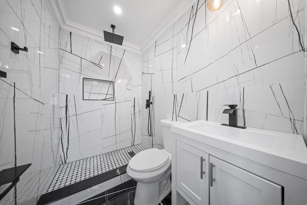 Bathroom, Glass Shower, Interior, Marble Walls, Recessed Lighting