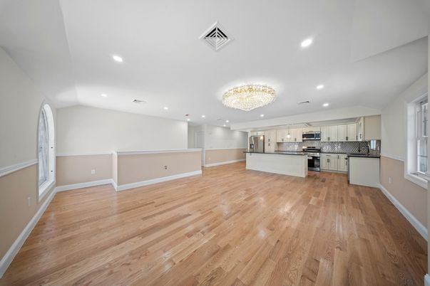 Chandelier, Interior, Kitchen, Recessed Lighting, Stainless Steel Appliances, Wood Texture Flooring