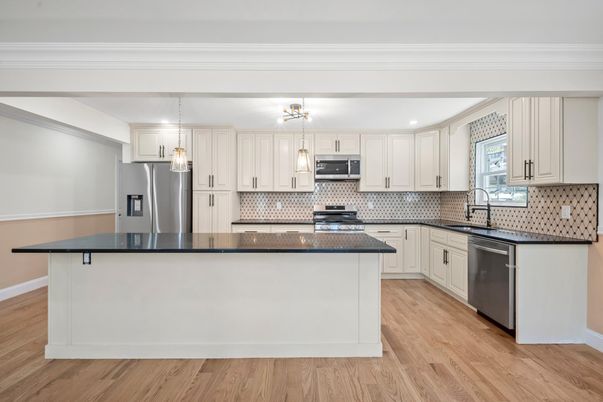 Interior, Kitchen, Pendant Lights, Recessed Lighting, Stainless Steel Appliances, Wood Texture Flooring