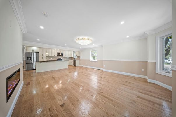 Chandelier, Interior, Kitchen, Recessed Lighting, Stainless Steel Appliances, Wood Texture Flooring