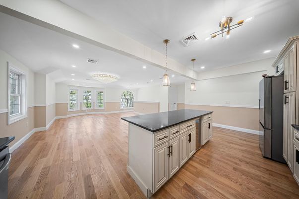Chandelier, Interior, Kitchen, Pendant Lights, Recessed Lighting, Wood Texture Flooring