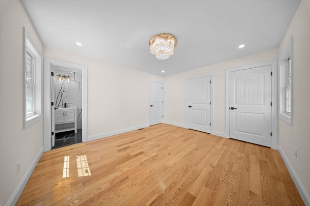 Bathroom, Chandelier, Empty room, Interior, Recessed Lighting, Wood Texture Flooring