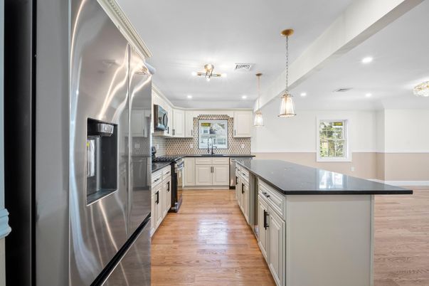 Interior, Kitchen, Pendant Lights, Recessed Lighting, Stainless Steel Appliances, Wood Texture Flooring