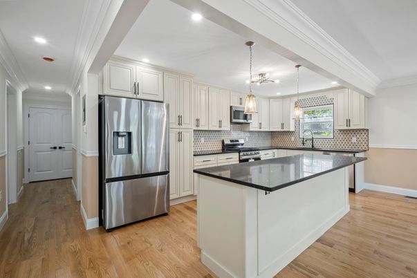 Interior, Kitchen, Pendant Lights, Recessed Lighting, Stainless Steel Appliances, Wood Texture Flooring