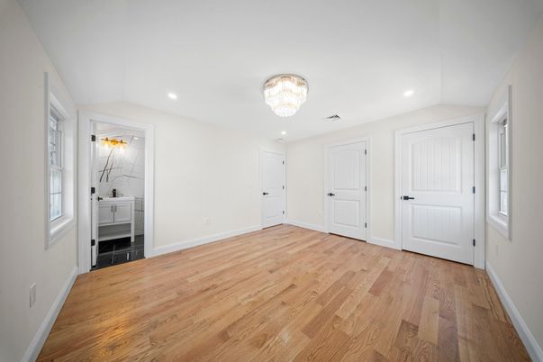 Bathroom, Chandelier, Empty room, Interior, Recessed Lighting, Wood Texture Flooring