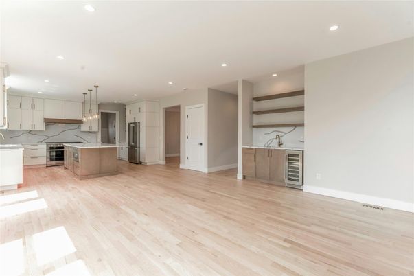 Interior, Kitchen, Pendant Lights, Recessed Lighting, Wood Texture Flooring
