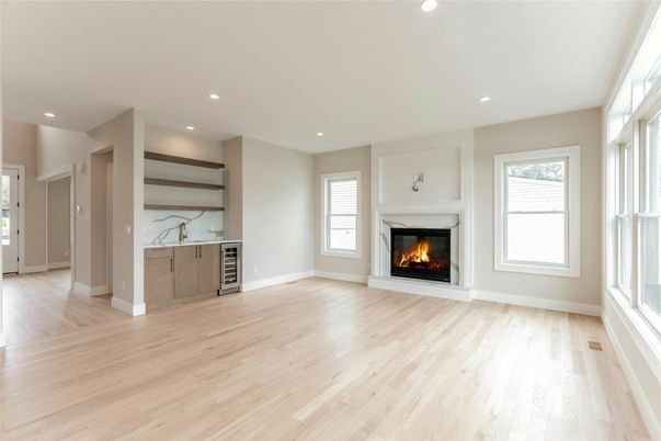 Empty room, Fireplace, Interior, Recessed Lighting, Wood Texture Flooring