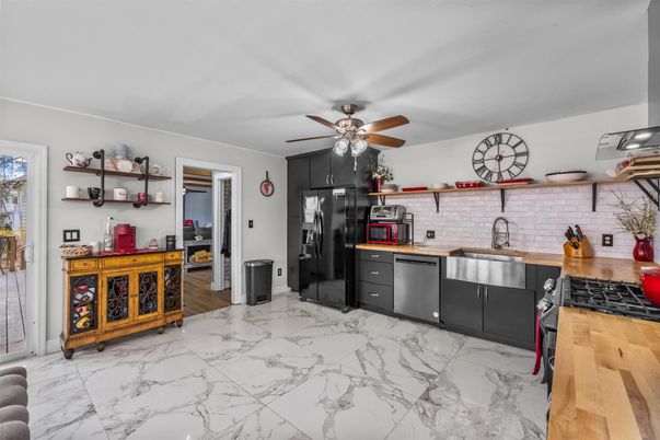 Interior, Kitchen, Marble, Stainless Steel Appliances, Stone Walls