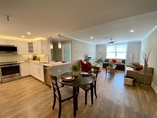 Dining room, Interior, Kitchen, Living room, Pendant Lights, Recessed Lighting, Stainless Steel Appliances, Wood Texture Flooring