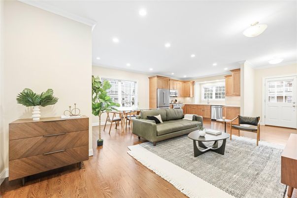Dining room, Interior, Kitchen, Living room, Recessed Lighting, Stainless Steel Appliances, Wood Texture Flooring