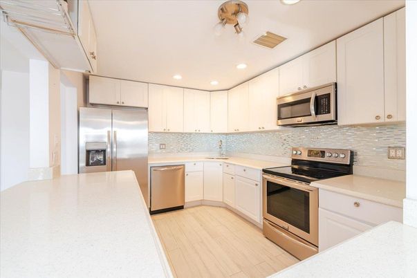 Interior, Kitchen, Recessed Lighting, Stainless Steel Appliances, Wood Texture Flooring