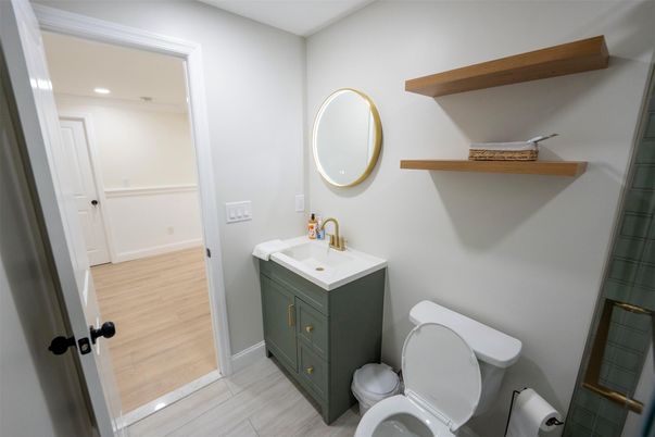 Bathroom, Interior, Recessed Lighting, Wood Texture Flooring
