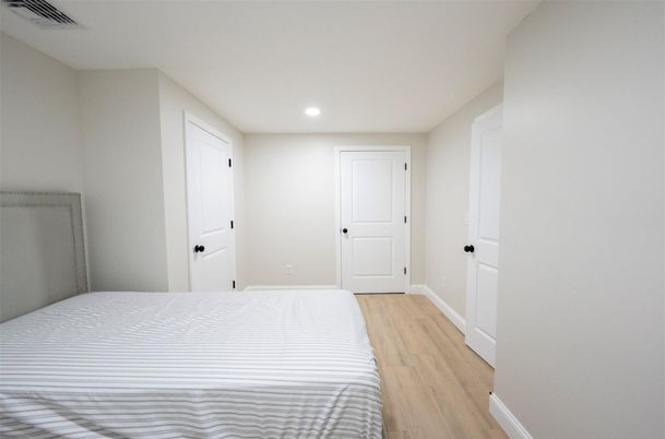 Bedroom, Interior, Recessed Lighting, Wood Texture Flooring