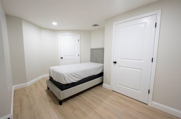 Bedroom, Interior, Recessed Lighting, Wood Texture Flooring