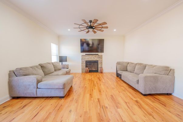 Fireplace, Interior, Living room, Recessed Lighting, Wood Texture Flooring