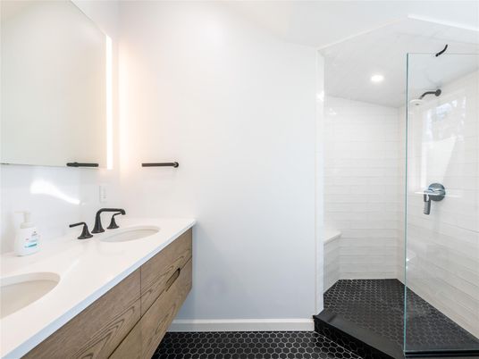 Bathroom, Dual Sink Vanities, Glass Shower, Interior, Recessed Lighting