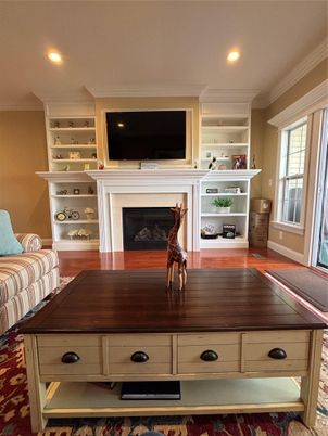 Fireplace, Interior, Recessed Lighting, Wood Texture Flooring