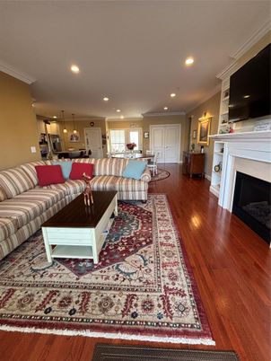 Fireplace, Interior, Kitchen, Living room, Pendant Lights, Recessed Lighting, Wood Texture Flooring