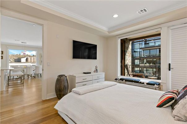 Bedroom, Dining room, Interior, Pendant Lights, Recessed Lighting, Wood Texture Flooring