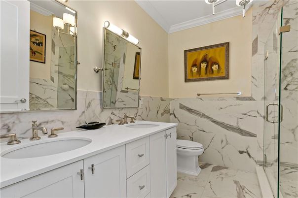 Bathroom, Dual Sink Vanities, Glass Shower, Interior, Marble, Marble Walls