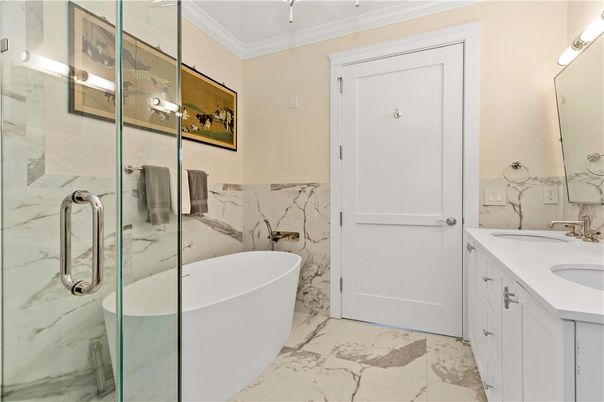 Bathroom, Dual Sink Vanities, Free Standing Baths, Glass Shower, Interior, Marble, Marble Walls
