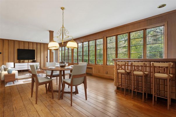 Chandelier, Dining room, Interior, Pendant Lights, Recessed Lighting, Wood Texture Flooring