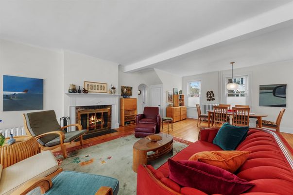 Dining room, Fireplace, Interior, Living room, Pendant Lights, Wood Texture Flooring