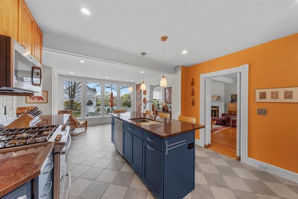 Fireplace, Interior, Kitchen, Living room, Pendant Lights, Recessed Lighting, Wood Texture Flooring
