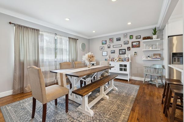 Dining room, Interior, Recessed Lighting, Wood Texture Flooring