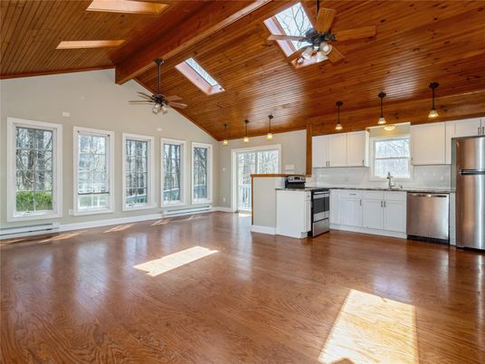 Interior, Kitchen, Pendant Lights, Stainless Steel Appliances, Wooden Ceilings, Wood Texture Flooring