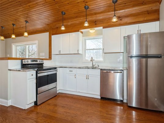 Interior, Kitchen, Pendant Lights, Stainless Steel Appliances, Wooden Ceilings, Wood Texture Flooring