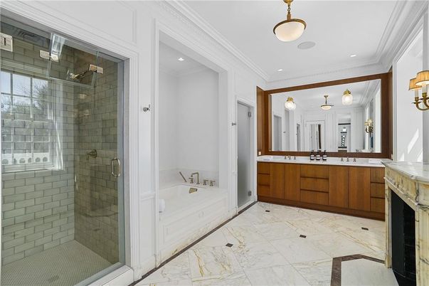 Bathroom, Dual Sink Vanities, Glass Shower, Interior, Marble, Recessed Lighting