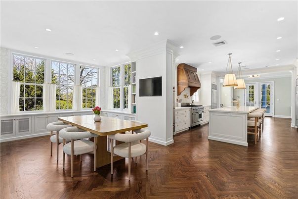Dining room, Interior, Kitchen, Pendant Lights, Recessed Lighting, Wood Texture Flooring
