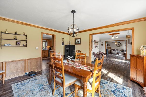 Chandelier, Dining room, Interior, Pendant Lights, Wood Texture Flooring