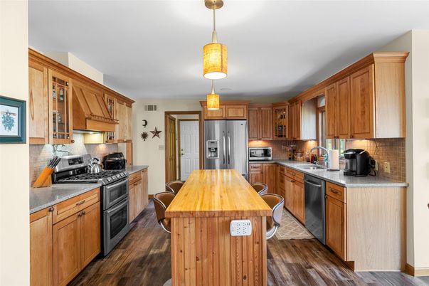 Interior, Kitchen, Pendant Lights, Stainless Steel Appliances, Wood Texture Flooring