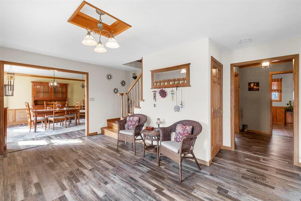 Dining room, Interior, Pendant Lights, Wood Texture Flooring